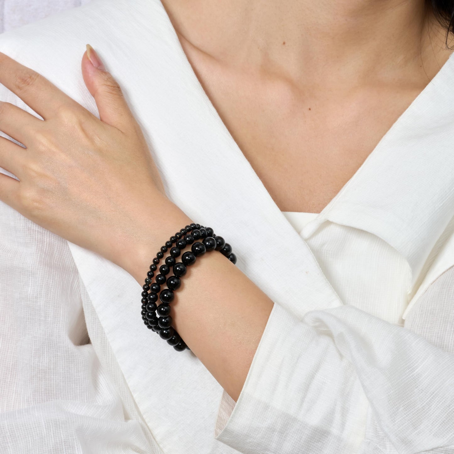 Bivei 3-Piece 8mm Beaded Bracelets for Women – Black Onyx, Black Obsidian, Black Tourmaline – Handmade Natural Crystal Stretch Elastic Jewelry for Meditation, Yoga, Protection Gifts