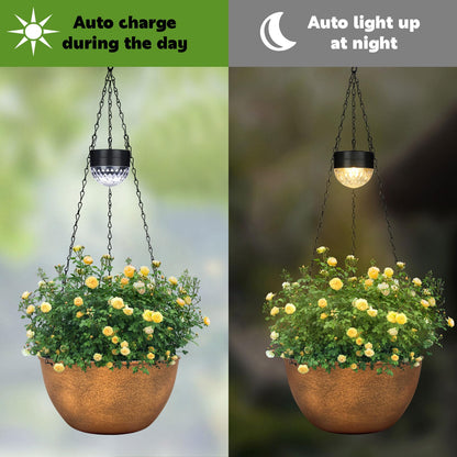 BAYN 2 Packs Solar Hanging Basket Planters for Plants Outdoor, Self Watering Bronze Flower Plants Pots with Solar Light Drainer for Balcony Patio Garden Outdoor Decoration