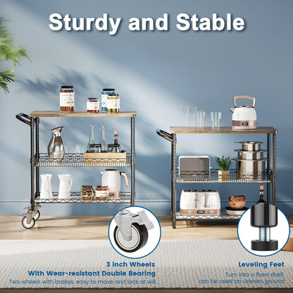 Leteuke Rolling Kitchen Carts with Wheels, 34" L x 17.5" W, 3-Tier Heavy Duty Utility Cart with Wood Tabletop, NSF Commercial Metal Serving Cart with Handle and Shelf Liner for Kitchen, Black