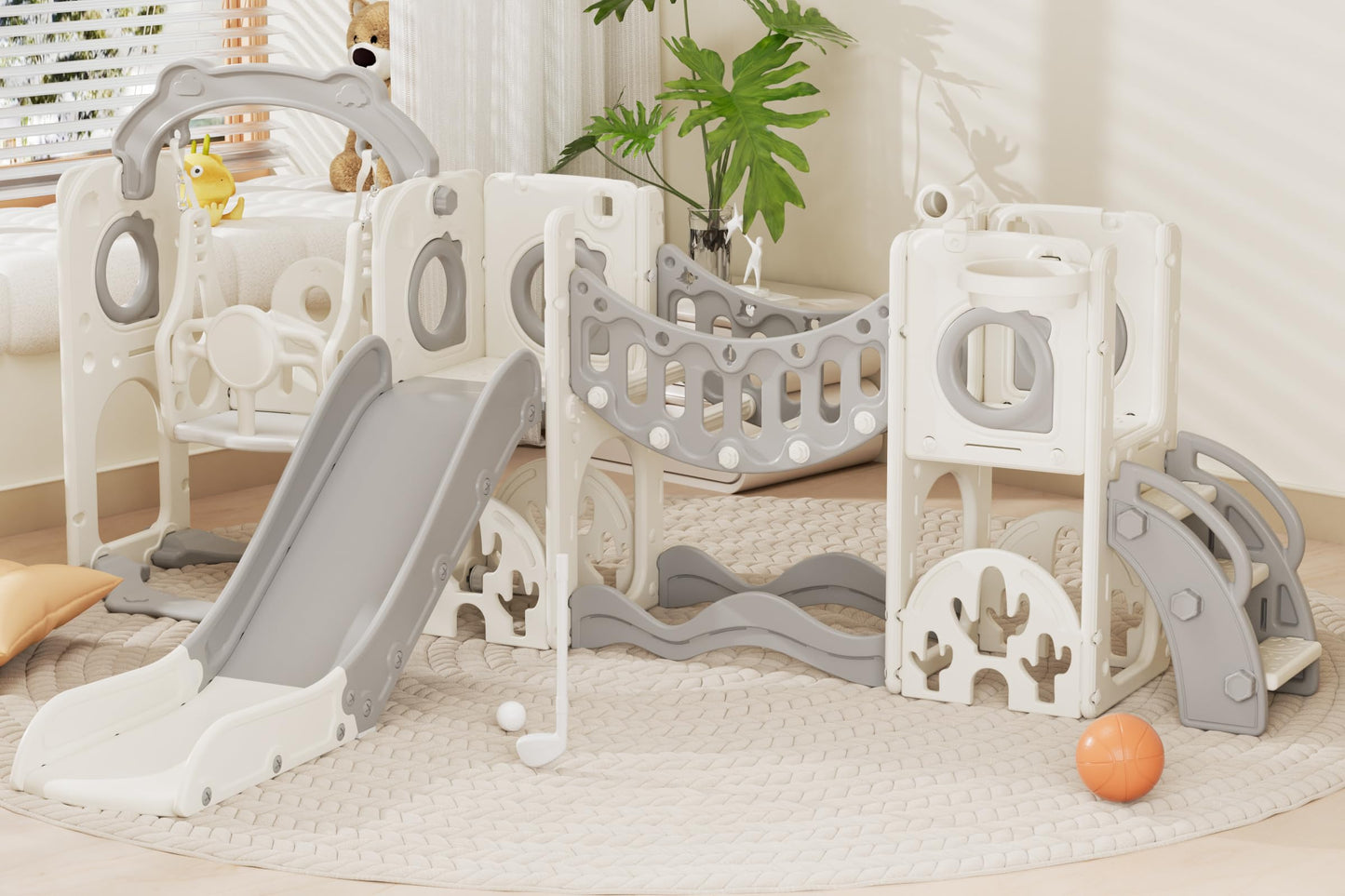 67i Toddler Indoor Playground Slide and Swing Set with Climbing Arch, Golf, Basketball - Outdoor Playset for Toddlers 1-3, Kids Activity Center (White Gray, with Swing)