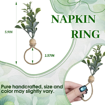 MAOANME Napkin Rings Set of 12, Rustic Eucalyptus Napkin Holder Rings with Wood Bead, Farmhouse Green Leaf Napkins Ring Bulk, Boho Napkins Ring for Wedding, Table Decor