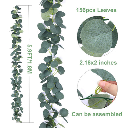 FUGZAUD 2 Pack Artificial Eucalyptus Garland Faux Silk Leaf Silver Dollar Eucalyptus Leaves Vines Handmade Garland Greenery Wedding Backdrop Indoor Outdoor Arch Wall Decoration