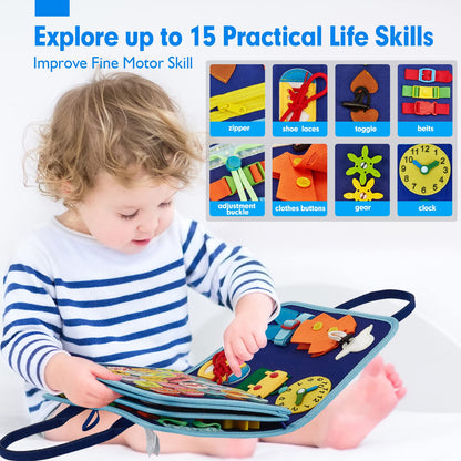 hahaland Busy Board for Toddlers - Montessori Toys Preschool Learning Activities with Life Skills, Alphabet, Number, Shape, Color, Animal, Weather - Toddler Boy Learning Educational Toys, Travel Toys