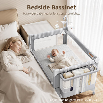 GAIVE 4 in 1 Baby Bassinet, One-Push Setup Pack and Play, Bedside Crib Sleeper with 3 Height Adjustable，Diaper Changer, Come with Comfy Mattress, Rotating Toy Bar, from Infants to Toddlers (Grey)