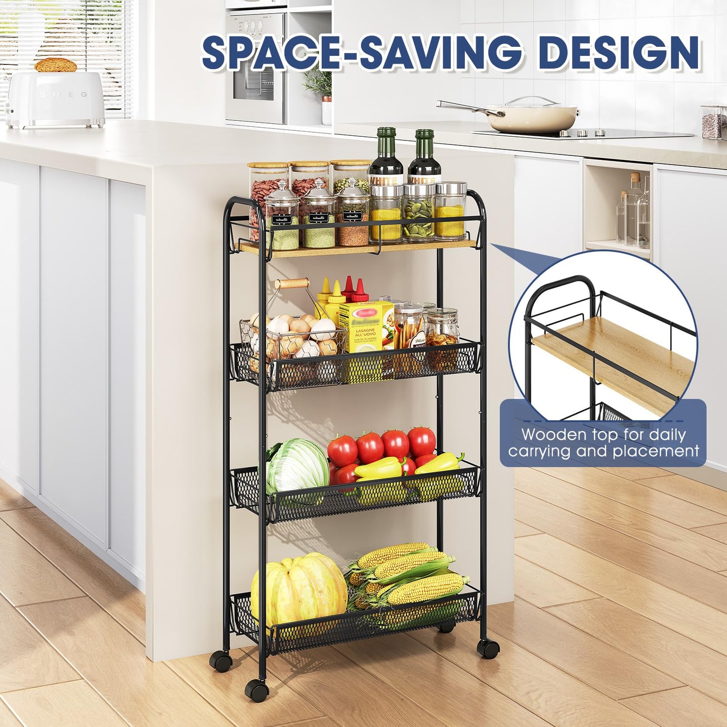 TOOLF 4-Tier Slim Rolling Cart, Metal Utility Cart, Slide Out Storage Cart with Wooden Tabletop and Mesh Baskets for Narrow Space on Kitchen Bathroom Laundry Room Bedroom Apartments Dormitory