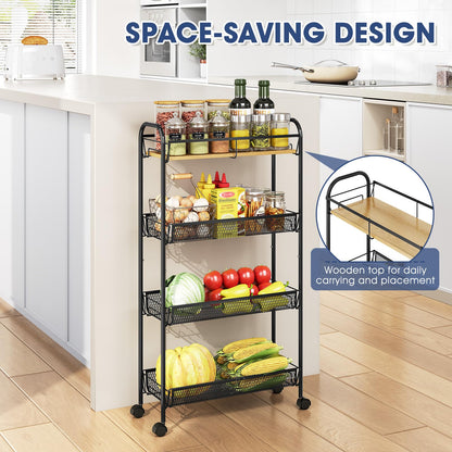 TOOLF 4-Tier Slim Rolling Cart, Metal Utility Cart, Slide Out Storage Cart with Wooden Tabletop and Mesh Baskets for Narrow Space on Kitchen Bathroom Laundry Room Bedroom Apartments Dormitory