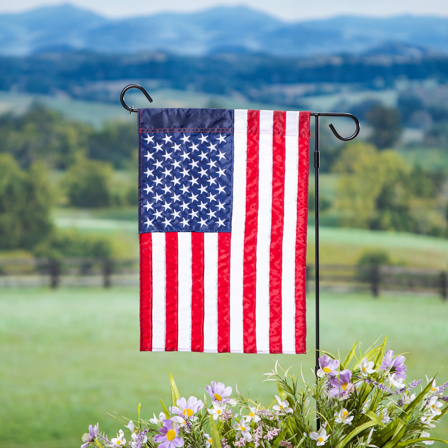 Evergreen 2 pcs American Flags with 2 Flag Stands | Set of 4 | Garden Flags 12x18 Double Sided | Patriotic House Flags For Outside | Small American Flag Garden Size | Embroidered Stars and Stripes | USA Residential or Commercial