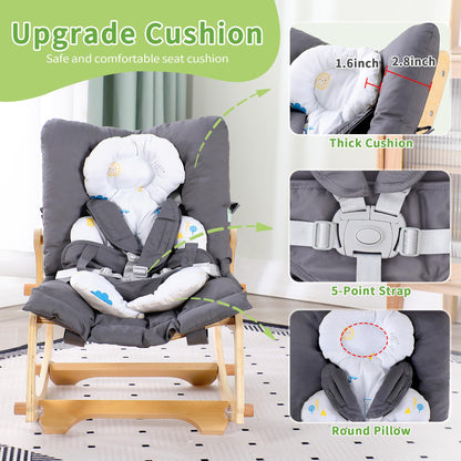 MallBest 3-in-1 Baby Rocker Chair with Double Cushions, for 0-12 Months, Adjustable Wooden Infant Rocker with Removable Cushion and 5-Point Harness for Infant to Toddler（Grey）