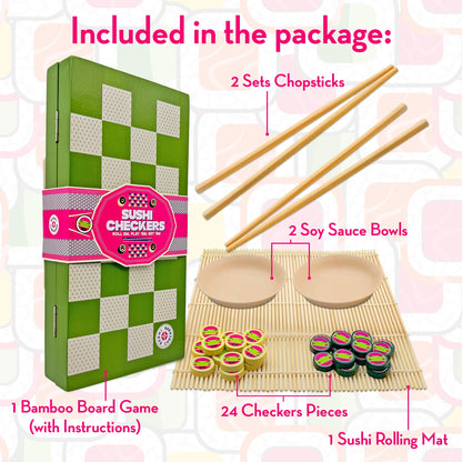 Project Genius: Sushi Checkers - Game & Sushi Making Set, Folding Bamboo Game Board, 24 Checkers & Chopsticks Set, Adults & Kids Ages 8+, 2 Players