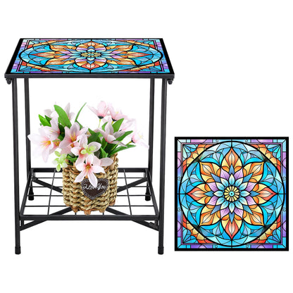 Cinnvoice Outdoor Side Table 2-Tier Storage Square Small Mosaic Patio Accent Indoor End Plant Coffee Tea Table for Yard Patio Porch Garden Living Room, Bedroom(Mandala Style)
