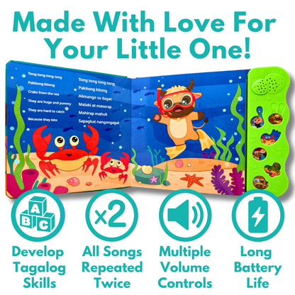 Tin Tin Learns Tagalog Vol. 3 — Interactive Sound Board Book for Toddlers 1-3, Bilingual English & Filipino Songs & Nursery Rhymes, Talking Musical Book, Musical Toy Gift for Babies & Kids