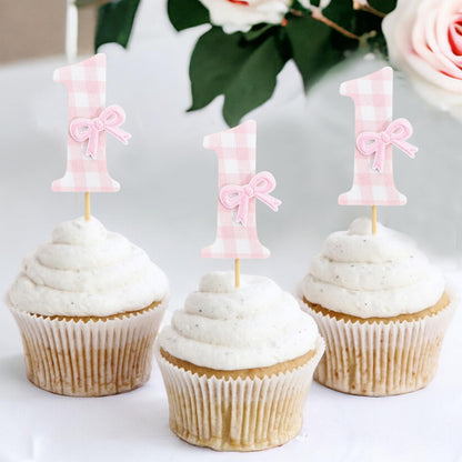 12Pcs Bow 1st Birthday Cupcake Toppers - Sweet One Birthday Decorations,First Wedding Anniversary Bowknot Cupcake Toppers,Pink Bow Cake Smash Photo Props,Coquette Party Table Centerpieces