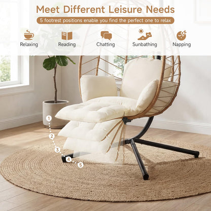 Wicker Egg Chair Outdoor, Hammock Chair with Footrest & Stand, Patio Swing with Cushion & Double Chains, Hanging Aluminum Alloy Steel Frame, 350LBS Capacity for Deck, Balcony, Beige
