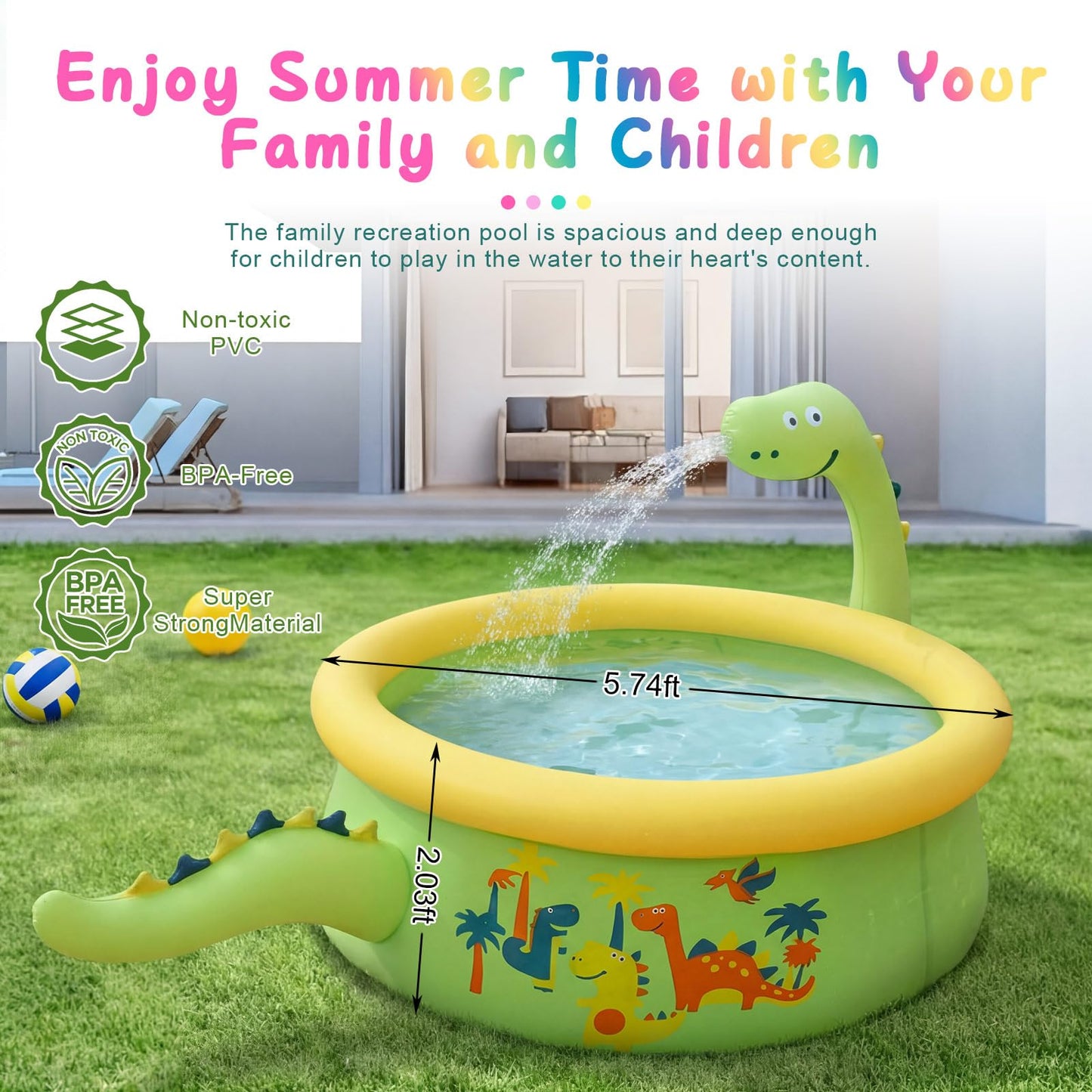 Tasdurian Dinosaur Inflatable Kiddie Pool Splash Pads for Toddlers Kids Splash Pads with Sprinkler Outdoor Blow up Mat Baby Dinosaur Play Swimming Pool for Backyard Garden, 69 x 24 in