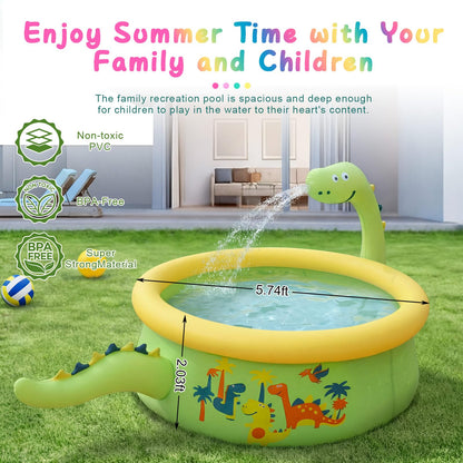 Tasdurian Dinosaur Inflatable Kiddie Pool Splash Pads for Toddlers Kids Splash Pads with Sprinkler Outdoor Blow up Mat Baby Dinosaur Play Swimming Pool for Backyard Garden, 69 x 24 in