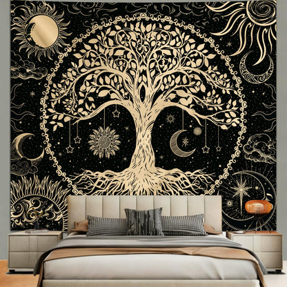 Avinyl Tree of Life Wall Tapestry for Bedroom, Sun and Moon Hippie Tapestries Aesthetic, Black and Gold Wall Hanging Home Decor for Dorm Living Room Office 51in x 60in