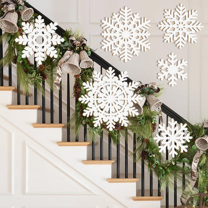 Wooden Large Snowflake Ornaments Sign Christmas Decorations 6 Pack, Wood Hollow White Snowflakes Crafts Winter Hanging Plaques Decorations 6 Size of Cutouts New Year Wall Bedroom Living Room Decor