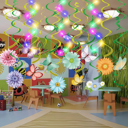33pcs Spring Hanging Decorations for Home - Flower Butterfly Hanging Swirls with Led Lights for Spring Summer Easter Flower Butterfly Themed Birthday Party Decorations