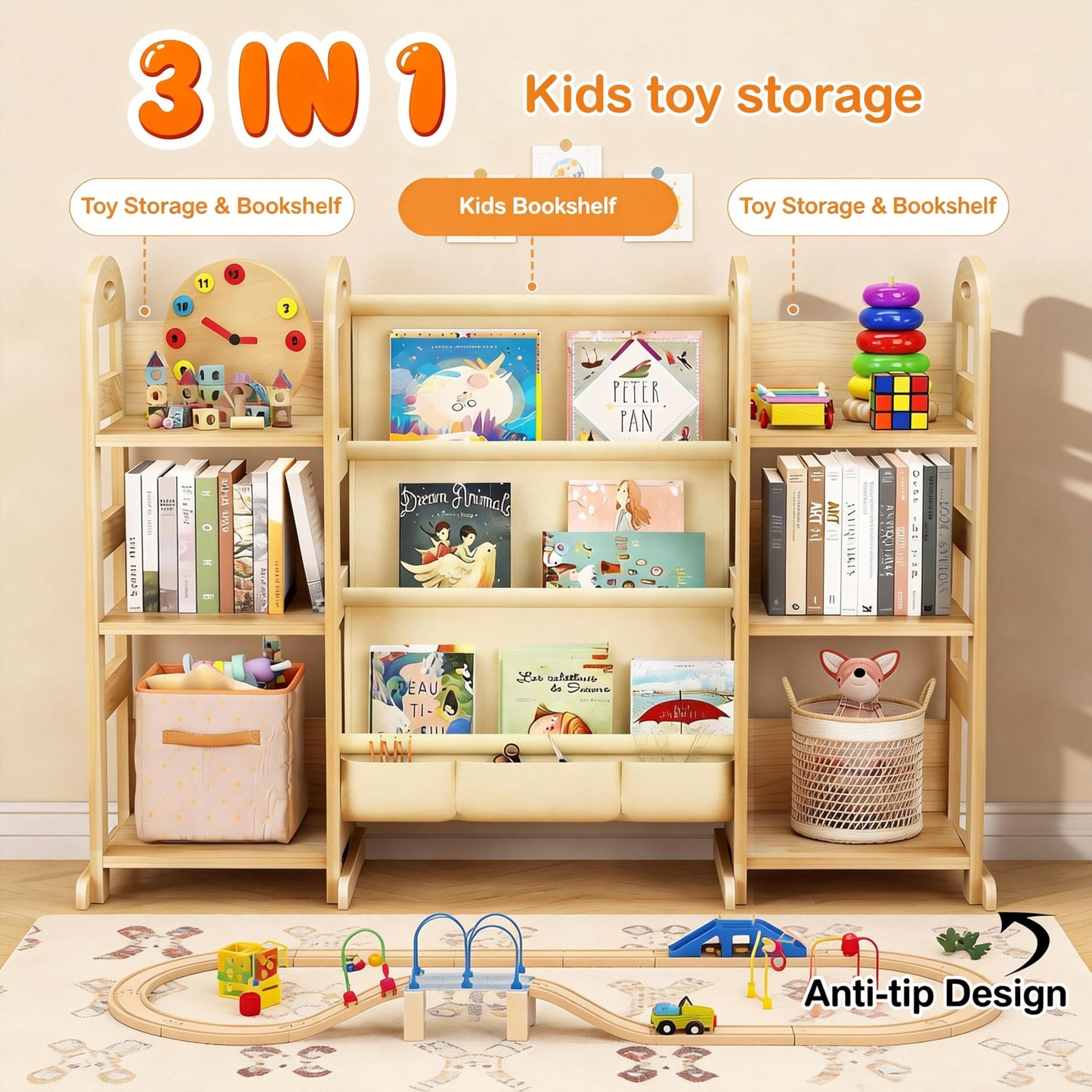 TWINDLE Kids Bookshelf and Toy Storage Organizer, Large 3 Tier Wooden Kids Book Shelf with Sling Book Rack for Kids Room, Nursery, Playroom