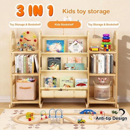 TWINDLE Kids Bookshelf and Toy Storage Organizer, Large 3 Tier Wooden Kids Book Shelf with Sling Book Rack for Kids Room, Nursery, Playroom