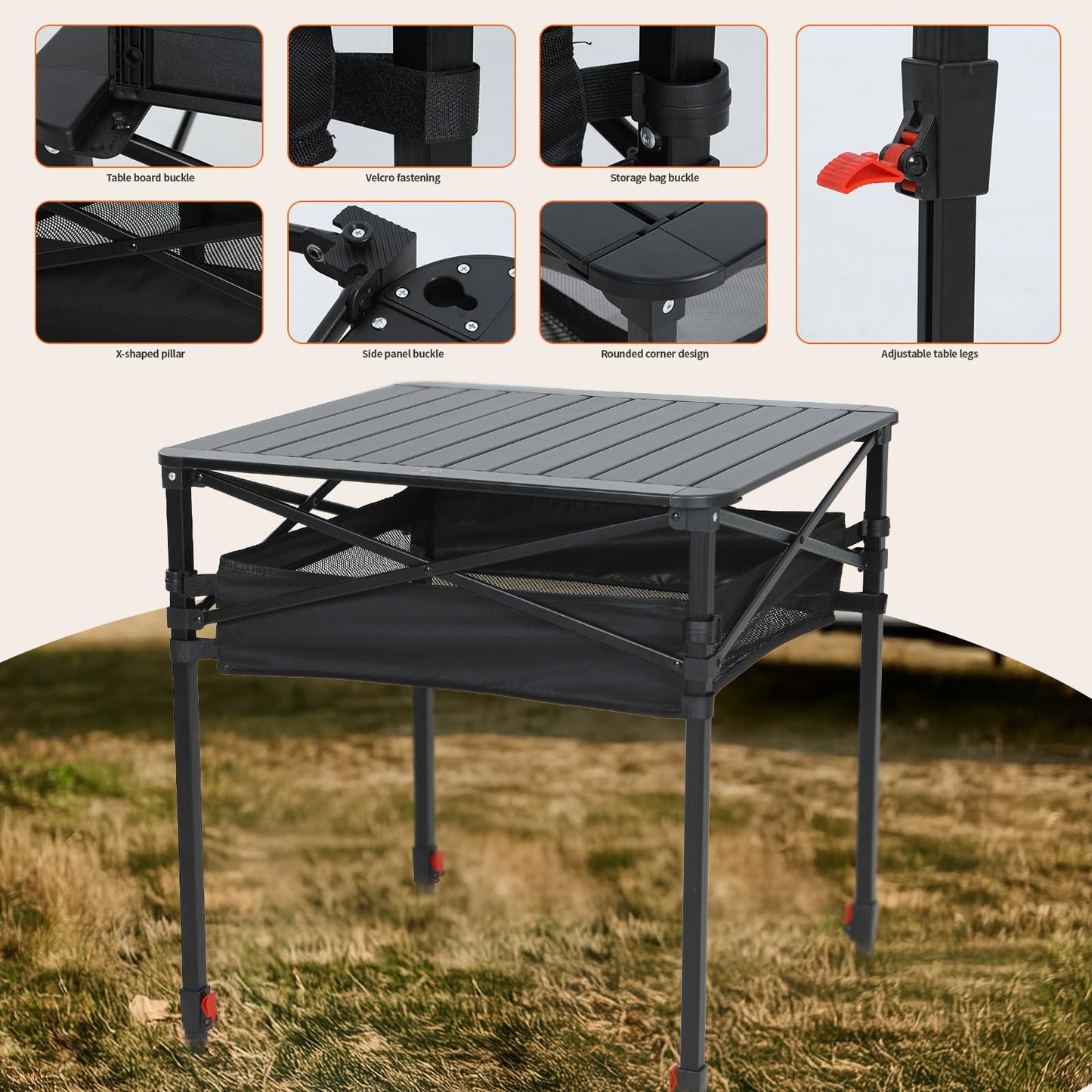 Nice C Aluminum Square Table, Adjustable Height Folding Camping Table, Lightweight Collapsible Table with Roll-up Tabletop, Carry Bag, for Outdoor, Camping, Picnic, backyards, BBQ (20'' Medium)