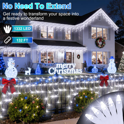 1332 LED 132FT Christmas Lights with 296 Drops, 12 Modes Dimmable Cool White Outdoor Hanging Lights with Timer Memory, Waterproof Curtain Lights for Home Bedroom Indoor Tree Window Roof Fence Wedding