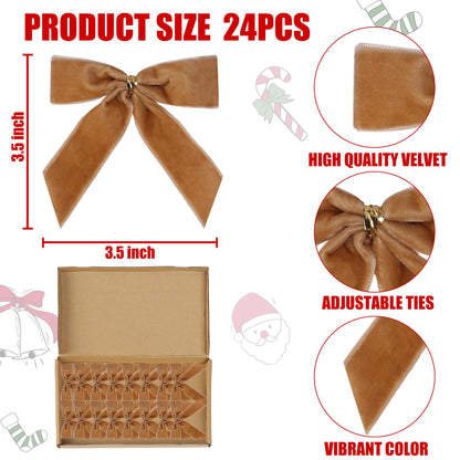 Sggvecsy 24 Pcs Christmas Bow Christmas Wreath Bows Velvet Ribbon Bows Xmas Tree Ornaments Gift Wrapping Xmas Decoration Handmade Crafts Gifts for Home Indoor Holiday Party (Camel)