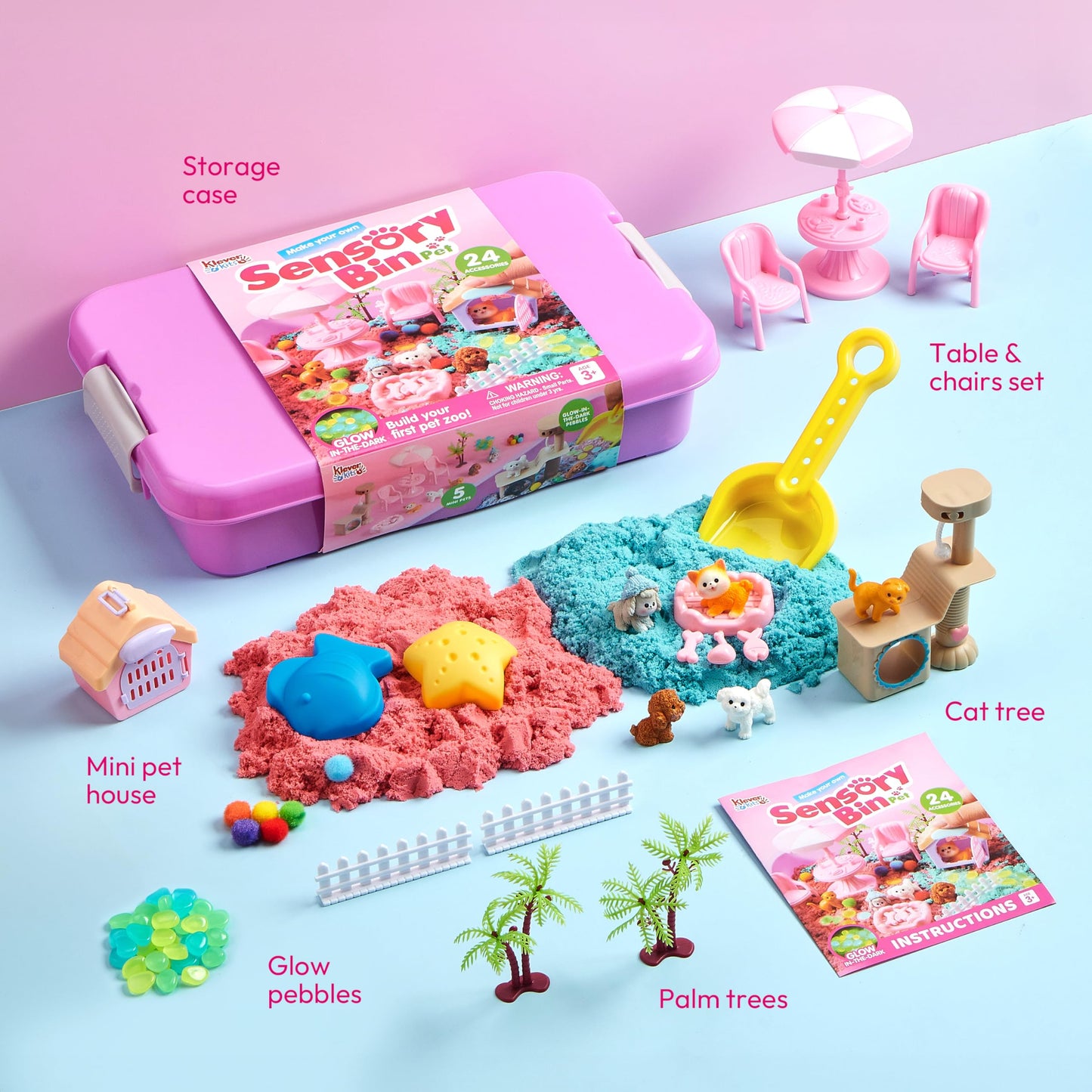 JOVA Klever Kits Cute Pet Sensory Bin for Toddlers with Glow in The Dark Stones, Sandbox with Lid Dual-Color Sand, Preschool Learning Activities Gifts for Boys Girls Age 3+