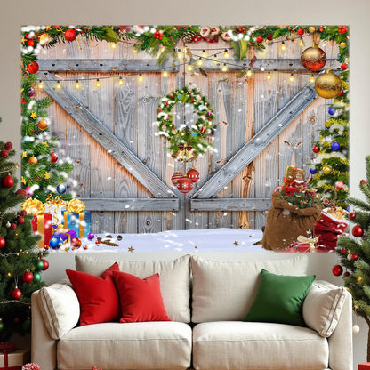 Christmas Photo Backdrop for Photography, Rustic Barn Wood Door Backdrops for Photoshoot, Xmas Tree Snow Red Gift Christmas Party Decorations 7x5ft