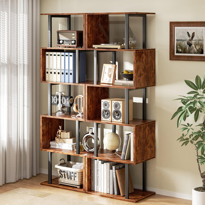 Furologee 6 Tier Bookshelf, Tall S Shaped Geometric Bookcase, Modern Display Shelf Standing Unit, Wood Metal Decorative Divider Rack for Living Room Bedroom Office, Rustic Brown
