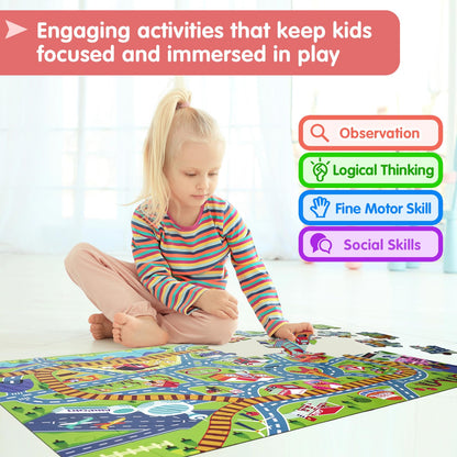 Beeqoo City Adventure Giant Floor Puzzle for Kids Ages 3-8 - 60 Piece Large Piece Puzzles- Town Map with Race Tracks & Train Tracks - Storytelling Educational Preschool Toy for Toddlers Ages 3+