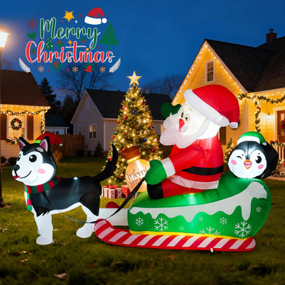 Meland Christmas Inflatables Outdoor - 9.5 FT Christmas Blow Ups Yard Decorations with Lights & Three Characters - Dog, Santa Clause on Sleigh, Penguin, Inflatable Decorations for Outside, Lawn Decor
