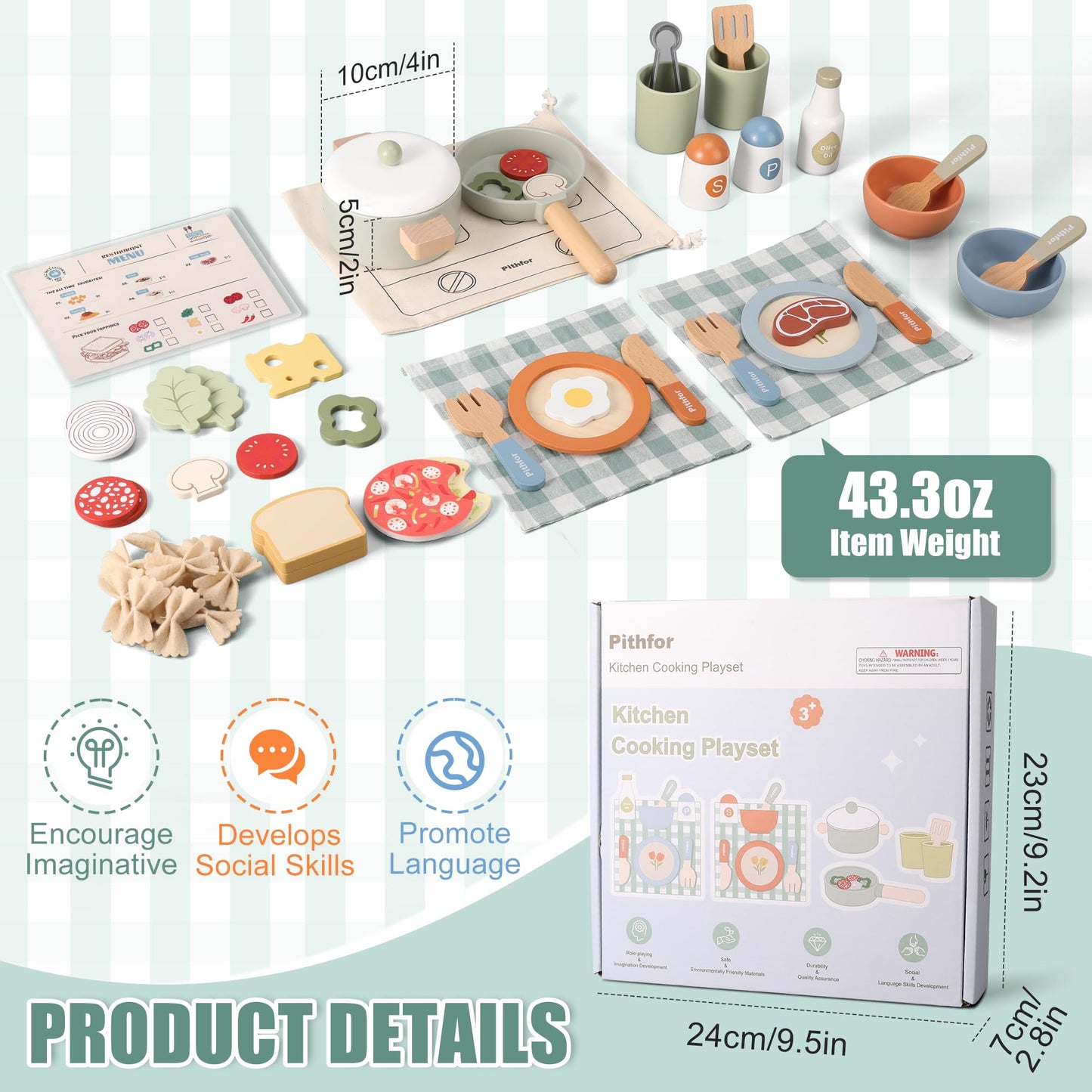 Pithfor Wooden Play Cooking Set, Pretend Play Kitchen Accessories Toys Set for Kids Toddlers, Including Play Dishes, Pot and Pan, Utensils, Gifts for 3 4 5 Years Old Girls Boys