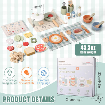 Pithfor Wooden Play Cooking Set, Pretend Play Kitchen Accessories Toys Set for Kids Toddlers, Including Play Dishes, Pot and Pan, Utensils, Gifts for 3 4 5 Years Old Girls Boys