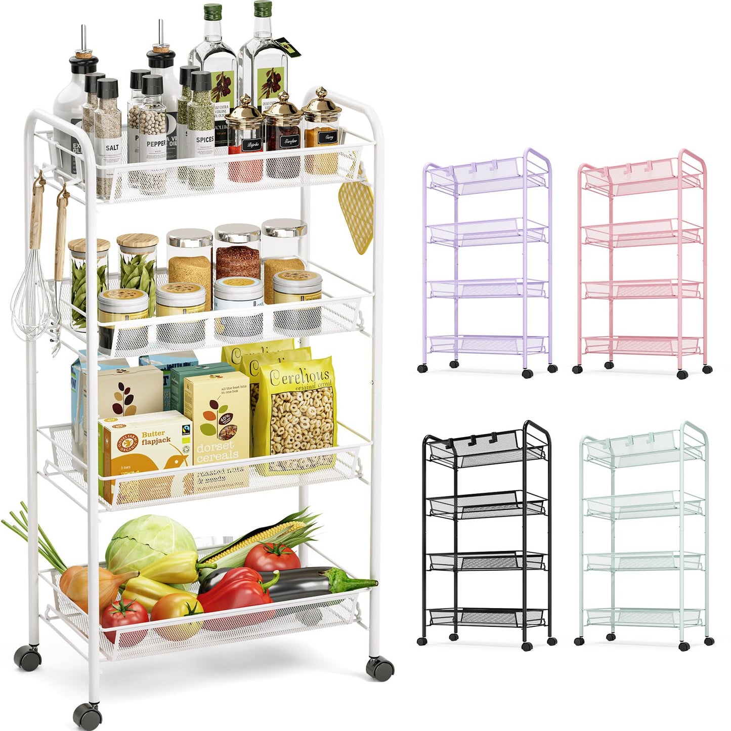 TOOLF 4-Tier Rolling Cart, Metal Utility Cart with 3 Hooks, Easy Assemble Mobile Storage Trolley On Wheels, Metal Shelving Units Kitchen Bathroom Laundry Room