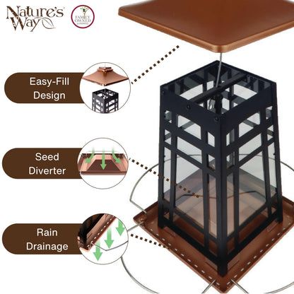 Nature's Way Outdoor Garden Décor Hanging Wild Bird Seed Feeder, Metal Copper Gazebo Feeder, Easy Fill, Rain Drainage, Black and Copper