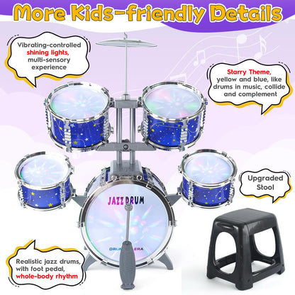 Upgraded Kids Drum Set for Toddlers 1-3, Kids Jazz Drum Ages 3-5, Star Light up Musical Instrument Toys for Boys Girls 2-5 4-6 5-7 ( All Plastic)