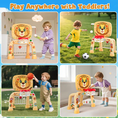 HYES Toddler Basketball Hoop Tball Set & Soccer Goal - Lion Sport Toys for 1 Year Old Boy with Learning Activities (Abacus/Alphabet/Animals Sounds) Christmas Birthday Gifts for Baby Boy Age 1 2 3