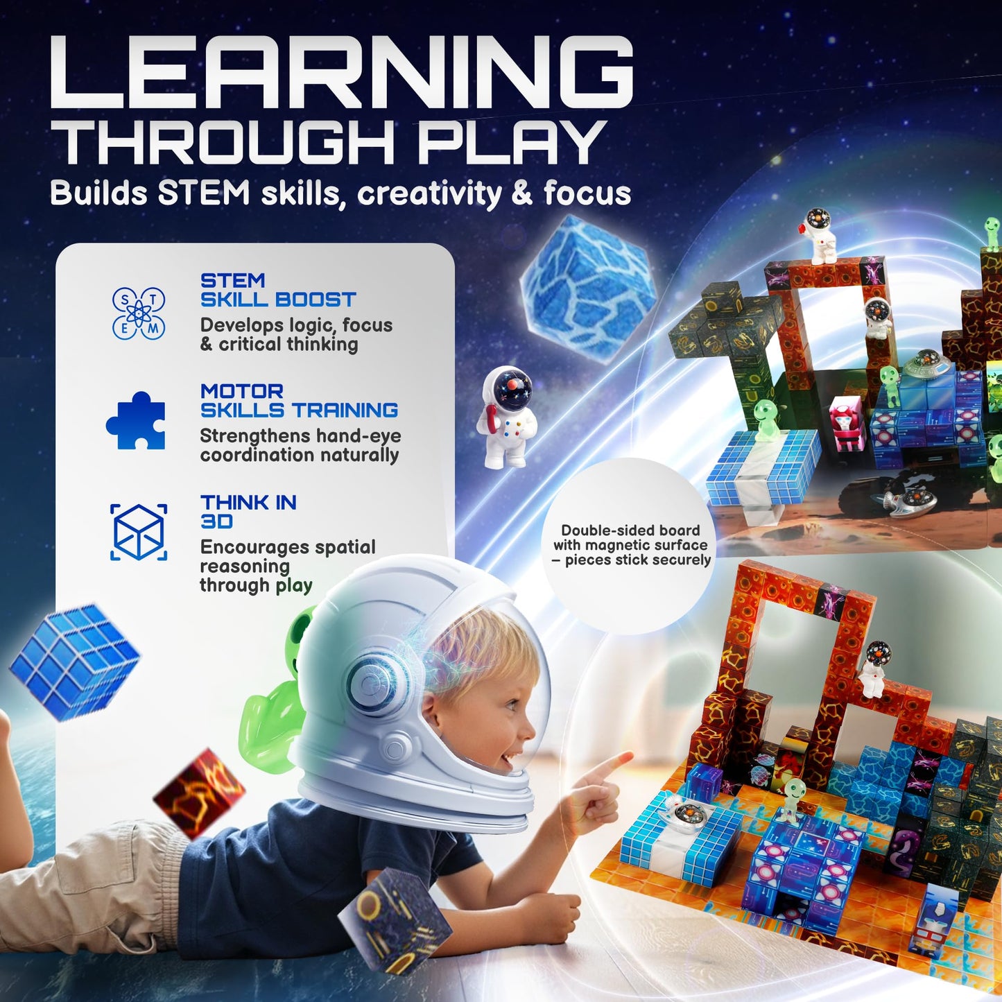PLAYIQ 181-Piece Magnetic Building Blocks Set – STEM Toys for Kids Ages 3+ | Educational Space-Themed Magnetic Construction Kit with LED Light-Up Cubes | Sensory Gift Toy for Boys & Girls