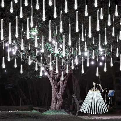 Solar Meteor Shower Lights, Solar Christmas Lights 16 Tubes 384 LEDs (Equivalent to 2 Sets of 8-Tube), Outdoor Waterproof Icicle String Light, LED Rain Drop Light for Tree Garden Decor (Cool White)