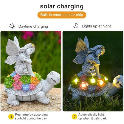 Aiyuolio Solar Angel Garden Statue，Solar Garden Statue Angel and Turtle,Figurines Outdoor Decor,Outdoor Solar Statue with LED Lights for Yard,Patio,Lawn Art Decoration,Housewarming Gift