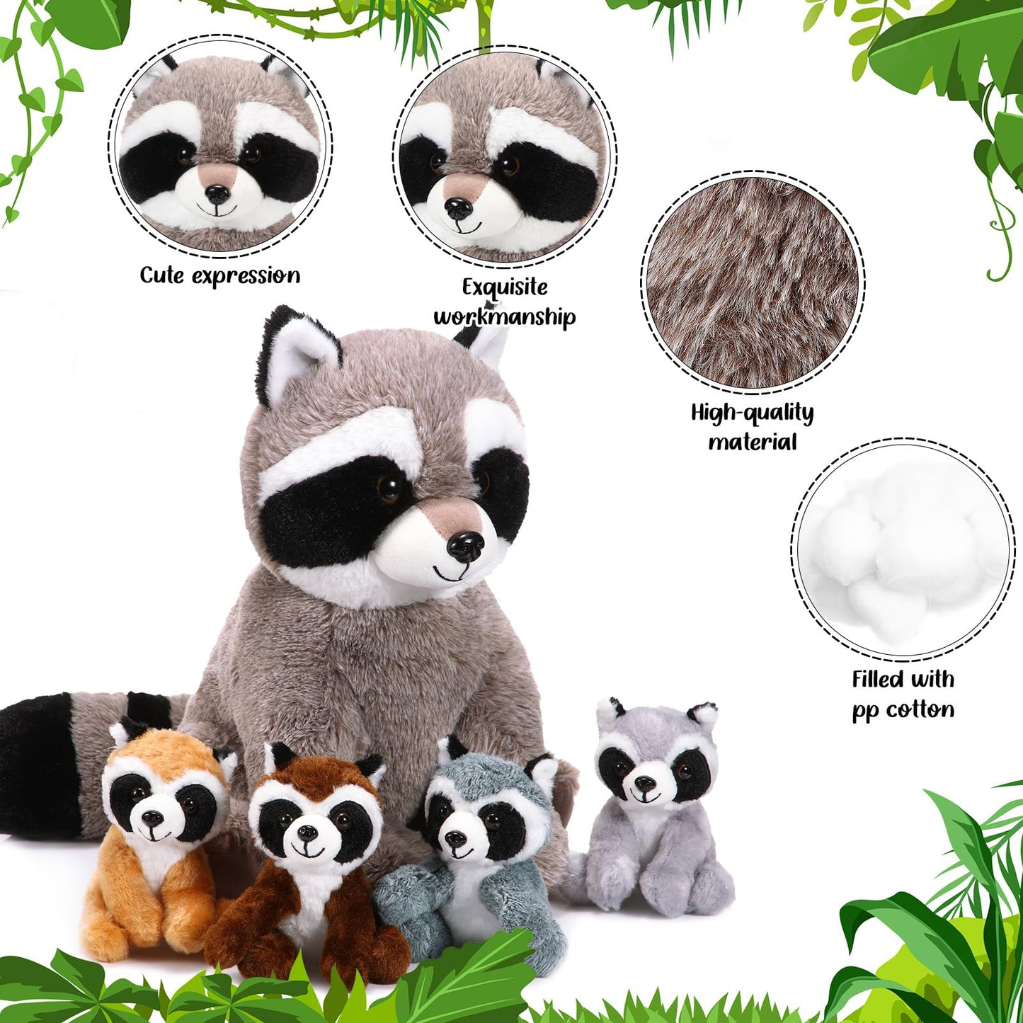 Harrycle 5 Pcs Raccoon Stuffed Animal Set Adorable Mommy Raccoon Plush with 4 Babies in Tummy Soft Cuddly Plushie for Birthday Woodland Party Decor(Cuddly Style)
