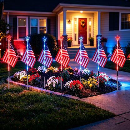 American Flag for Outside 4th of July Decorations, 9-Pack Solar Red White Blue Lights for Garden Yard Pathway, Waterproof Patriotic Decorations for 250th Anniversary, Memorial Day, Independence Day