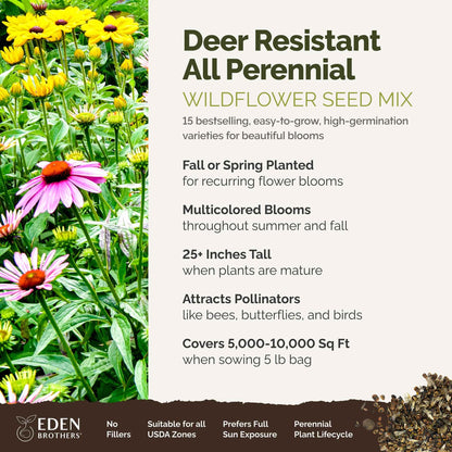 Eden Brothers Deer Resistant All Perennial Wildflower Mixed Seeds for Planting, 5 lb, 2,400,000+ Seeds with Sweet William | Attracts Pollinators, Plant in Spring or Fall, Zones 3, 4, 5, 6, 7, 8, 9, 10
