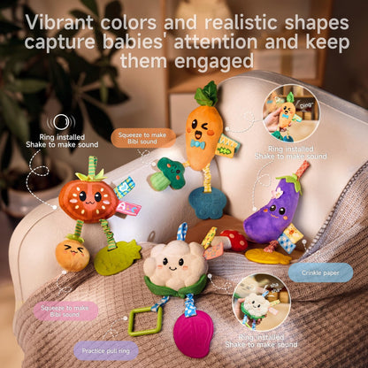 TUMAMA Hanging Vegetable Plush Toy Set, 4 Different Vegetable Crib Stroller Toys, Early Baby Cognitive Sensory Rattle Hanging Toy with Teether. Suitable for Babies 0, 3, 6, 9, 12 Months