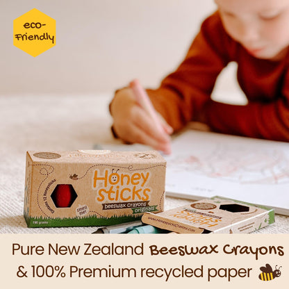 Honeysticks 100% Pure Beeswax Crayons Natural, Non Toxic, Safe for Toddlers, Kids and Children, Handmade in New Zealand, for 1 Year Plus (12 Pack with Book) Best Gift