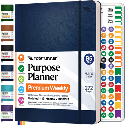 Roterunner Purpose Planner Notebook B5 7.5”x9.8” 12 Month Undated 2026 Daily Weekly and Monthly Productivity Goal Setting Tool for Work Home ADHD Planner for Adults Self Care Journa (Navy)