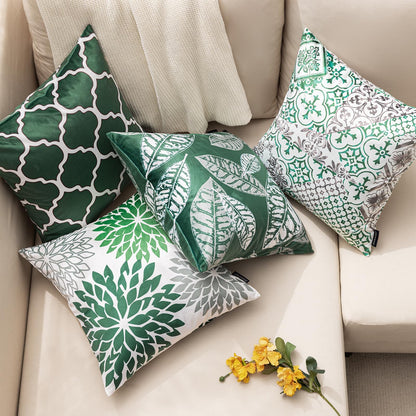 Phantoscope Set of 4 New Living Series Leaf Geometric Throw Decorative Velvet Pillow Cover Cushion Cover, Christmas Green 18 x 18 inches 45 x 45 cm