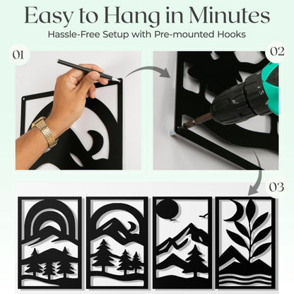 GALLERY GRACE Metal Wall Art Decor – 11" x 16" Set of 4 Abstract Landscape Panels for Living Room, Office, or Bedroom – Minimalist Single Line Black Wall Art with Mountains, Trees, and Sunrise