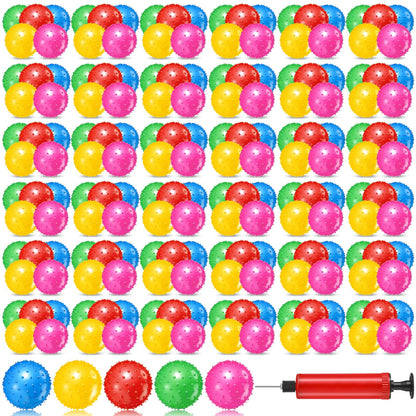 Lenwen 200 Pcs Kids Knobby Balls 6.3 Inch Soft Bouncy Balls Bulk for Toddlers Inflatable Sensory Toys with Air Pump Spiky Massage Stress Toys for Kindergarten Playground Backyard Pool, 5 Color